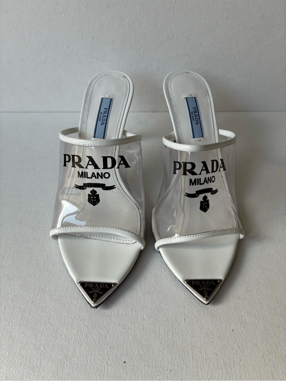 Prada Milano White Clear Logo Slide Sandals size 36
